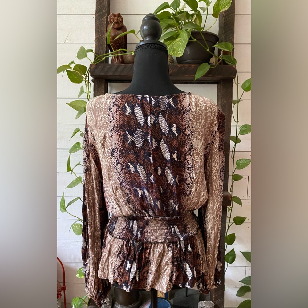 Angie: Brown, Black, Tan and White 100% Rayon Boho Snakeskin Blouse - Picture 10 of 17